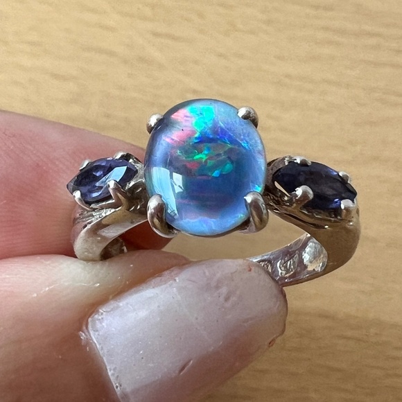 VINTAGE DESIGNER HALLMARKED OPAL TANZANITE IOLITE RING 925 STERLING SILVER